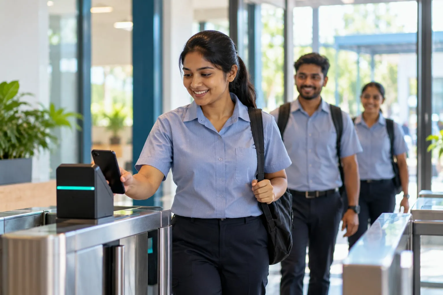 A staff member marking attendance on a phone at the workplace entrance