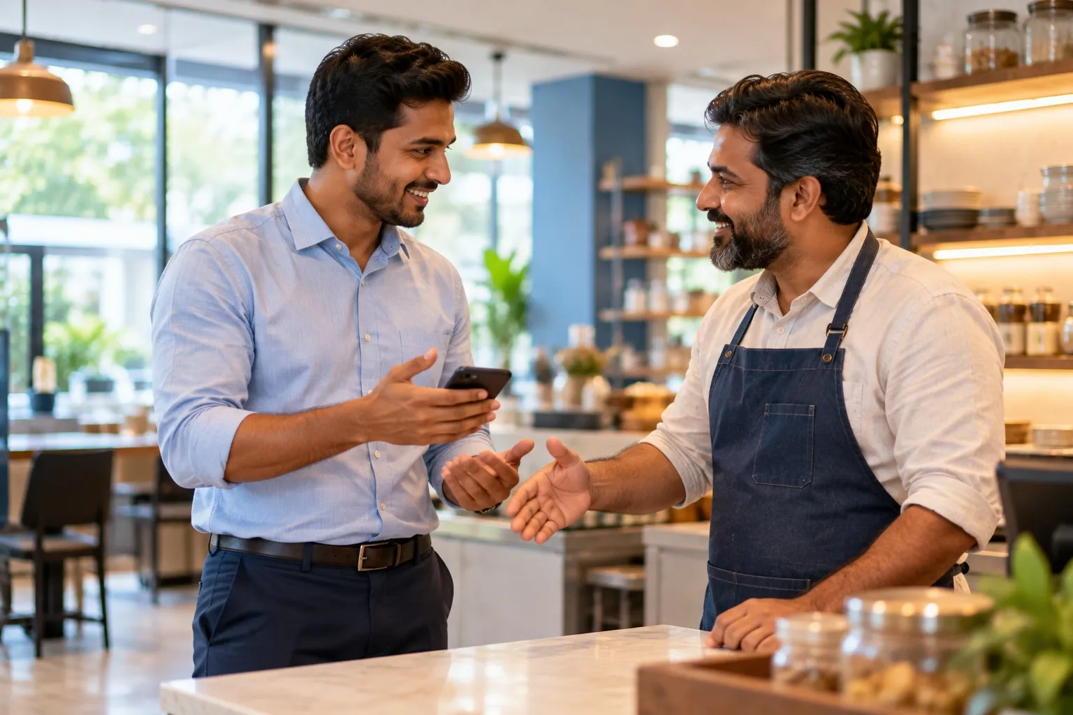A sales partner and a shop owner agreeing a deal over a phone