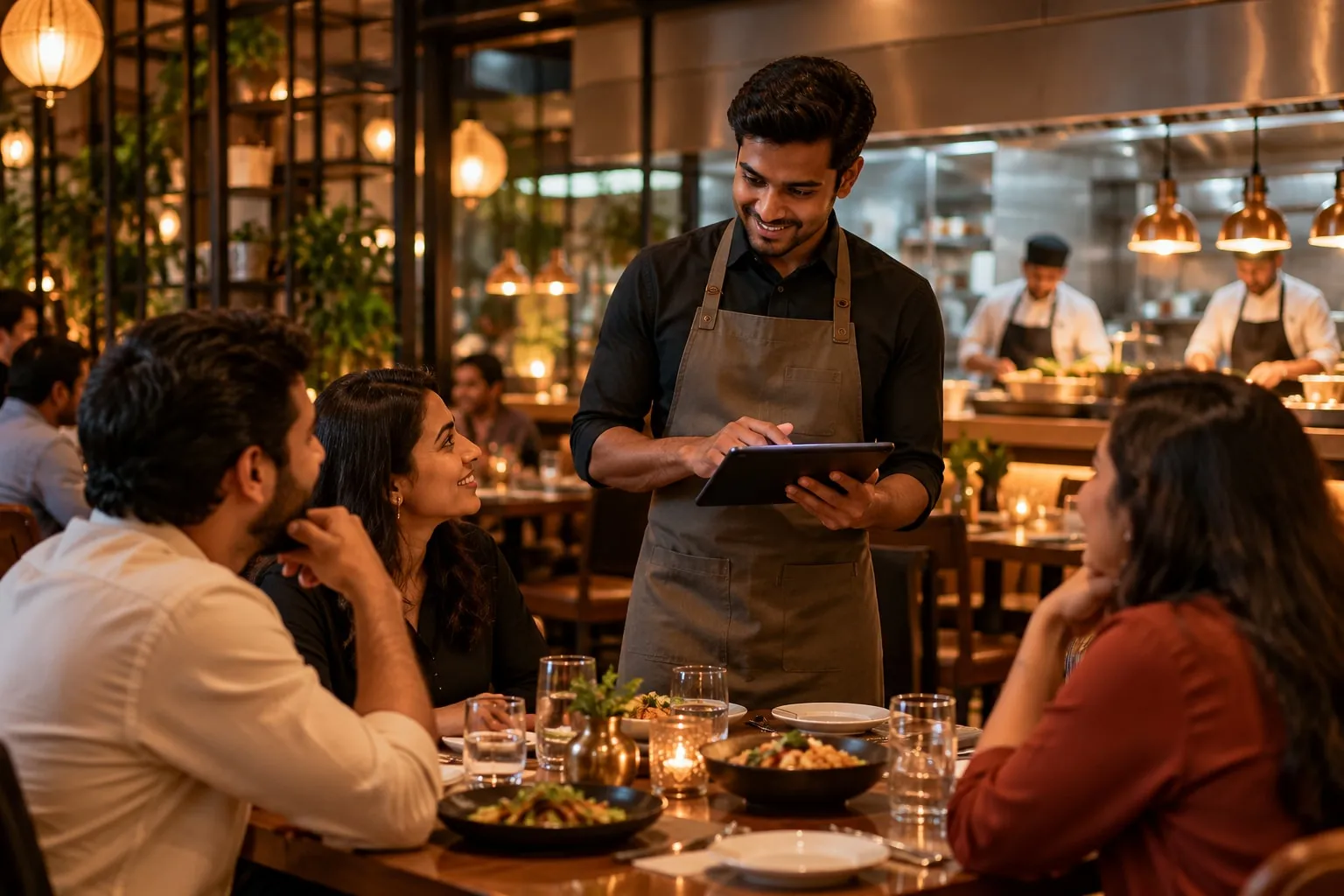 A server taking an order on a tablet at a restaurant table