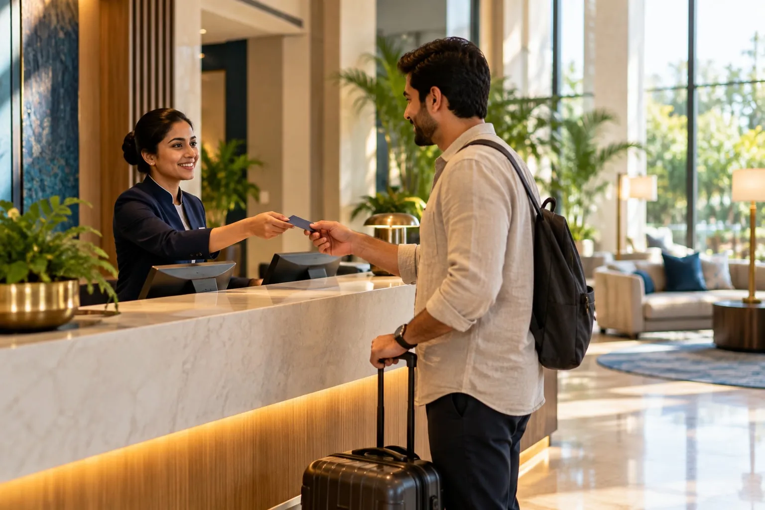 A hotel receptionist handing a key card to a guest at the front desk